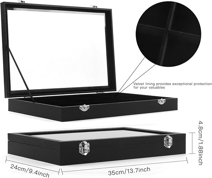 Lainrrew 12-Grid Velvet Lined Jewelry Organizer Box, Lockable & Transparent Lid, Compact Earring & Ring Holder, Durable Necklace Storage, 13.8"x9.5"x1.9", Elegant Gift-Ready Case(12 Grids)