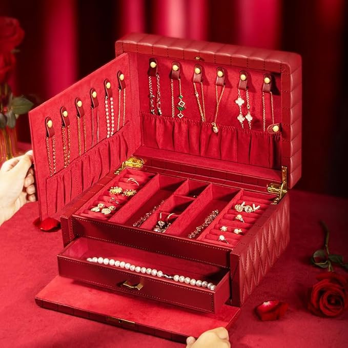 Genuine Leather Jewelry Box – 2 Layer Large Jewelry Organizer with Mirror, Lockable Jewelry Box for Women – Necklace, Ring, Earring Organizer with Drawer – Gift (Red)