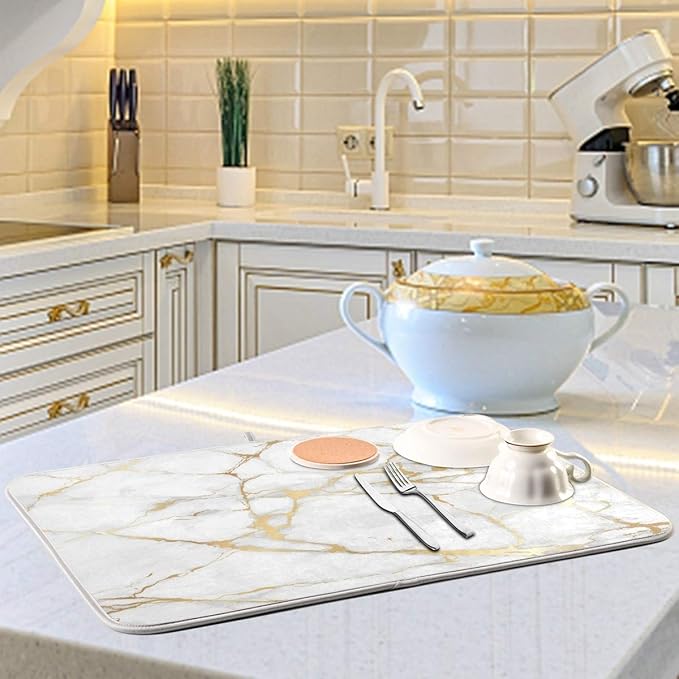 Marble White Dish Drying Mat 18x24 for Kitchen Golden Grey Marble Dishes Pad Dish Drainer Rack Mats Absorbent Fast Dry Kitchen Accessories