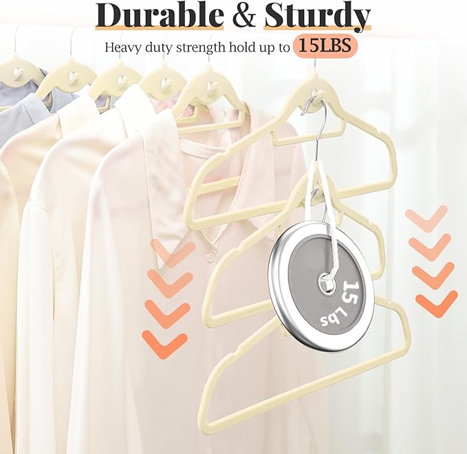 UEAKPIC Velvet Felt Stackable Hangers 50 Pack, Non Slip, with 360° Swivel Hook, Ultra Thin and Space Saving for Suits, Shirts, Coats, 15Lbs Capacity Heavy Duty, Ivory