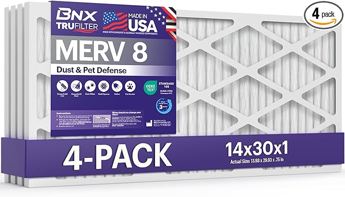 BNX TruFilter 14x30x1 Air Filter MERV 8 (4-Pack) - MADE IN USA – Dust & Pet Defense Electrostatic Pleated Air Conditioner HVAC AC Furnace Filters for Dust, Pet, Mold, Pollen MPR 600 – 700 & FPR 5