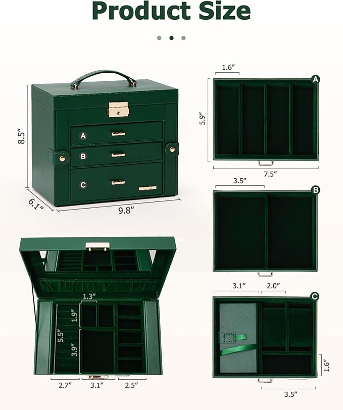 Homde 2 IN 1 Jewelry Box for Women Girls with Small Travel Case Mirror Necklace Ring Earrings Organizer (Forest Green + Gold)