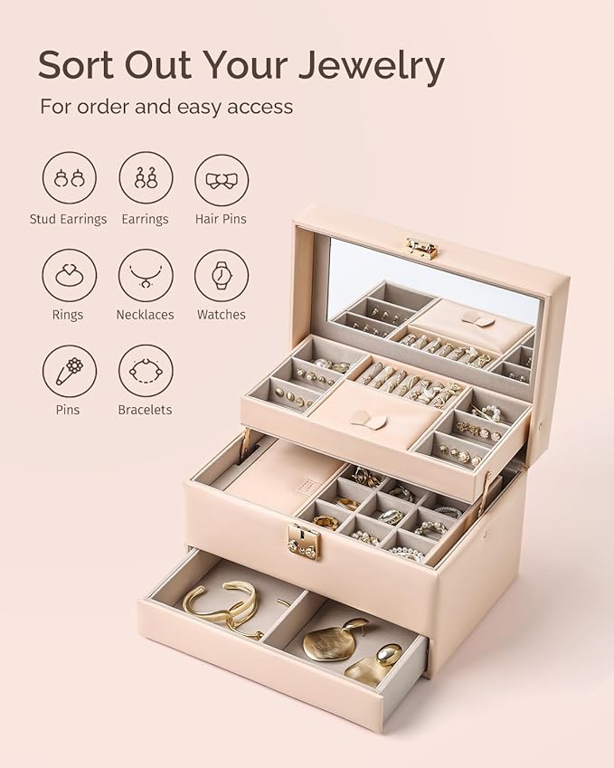 CASEGRACE Jewelry Organizer Box,3 Layers Leather Jewelry Storage Case with Portable Jewelry Case, Removable Jewelry Tray, Home and Travels Storage,Gift for Women (pink)