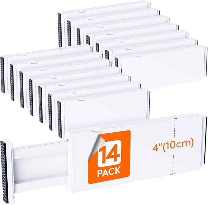 Lifewit 14 Pack Drawer Dividers for Clothes, 10.9-16" Adjustable Drawer Organizers, 4" High Plastic Expandable Drawer Separators in Bedroom/Office/Bathroom/Kitchen Storage, White