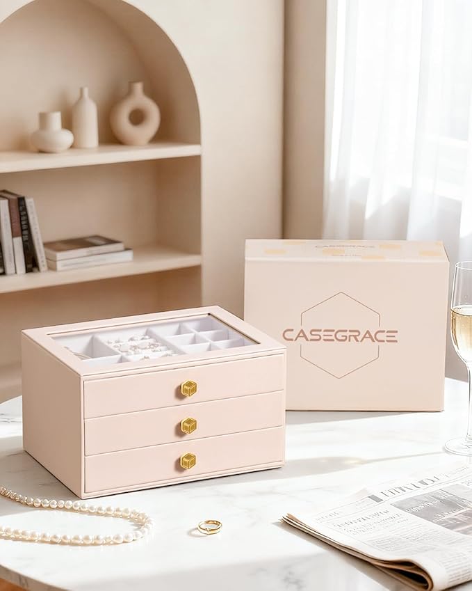 CASEGRACE Jewelry Box for Women with Glass Lid - Leather Jewelry Storage Organizer 3 Drawers for Necklaces, Rings, Earrings & Bracelets, Ideal Gift (Pink, 3 Layer)