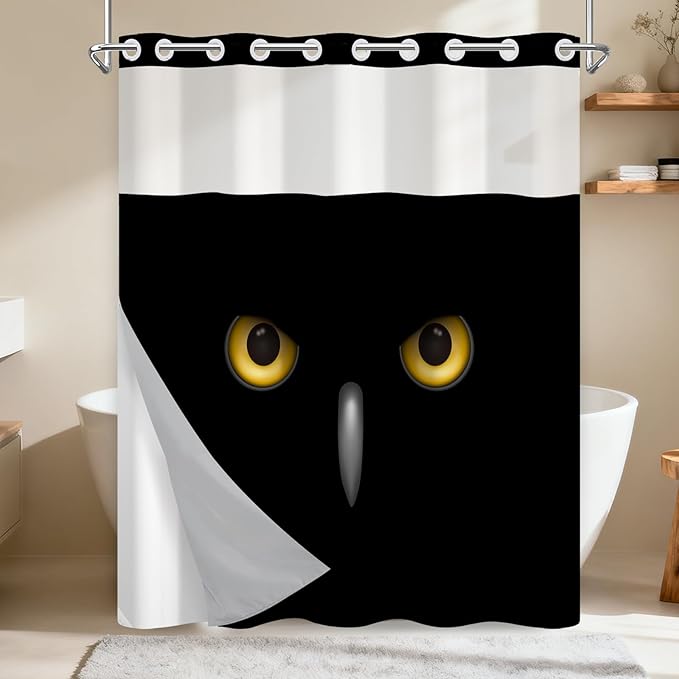 No Hook Black Shower Curtain, Animal Style Cool Owl Shower Curtain with Liner, Warerproof Fabric Cloth Shower Curtains with Sheer Top Window, Rustic Minimalist Mysterious Owl Pattern, 71x74 Inches