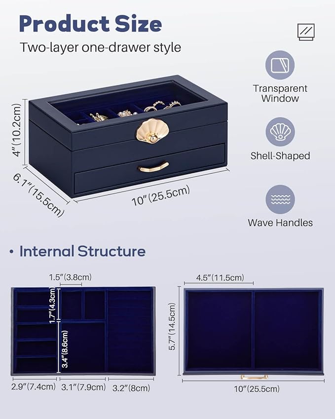 Jewelry Box with 1 Drawers: Display Organizer for Earrings Necklaces - Gifts for Girls Women (Dark Blue)