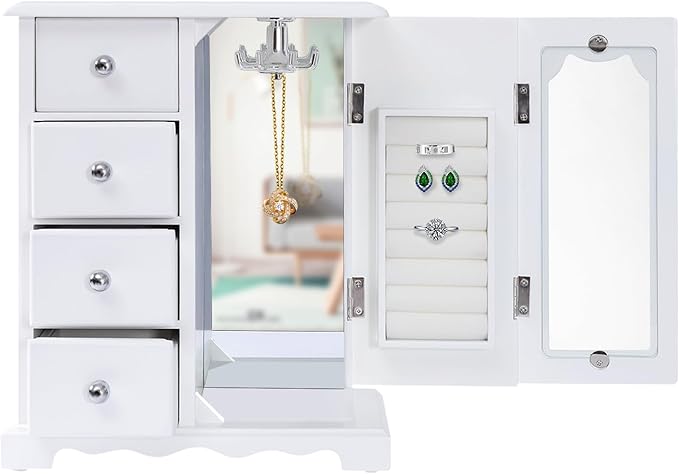 Jewelry Box for Women, 4 Layer Jewelry Holder Organizers Large Jewelry Storage Case with Mirror ,Double Doors, Ring Necklace Carousel, for Necklaces Earrings Rings Bracelets Christmas New Year Gifts