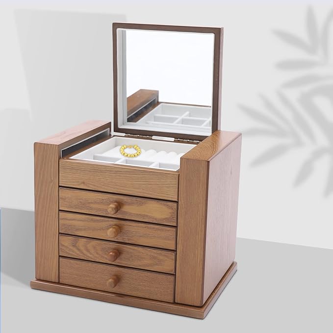 Large Wooden Jewelry Box 5 Layers Jewelry Storage with Mirror and 4 Drawers Gift for Women and Girls Necklace Ring Storage Box (Brown+Carving)