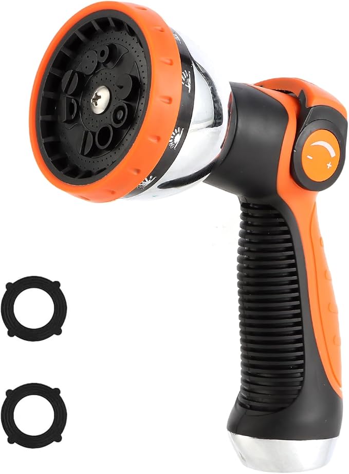 AnyEasy Garden Water Hose Nozzle Metal Heavy Duty Sprayer Thumb Control with 10 Spray Modes Suitable for Watering Plants, Iawn and Garden, Car Washing, Cleaning, Showering Pets and Outdoor Fun, Orange