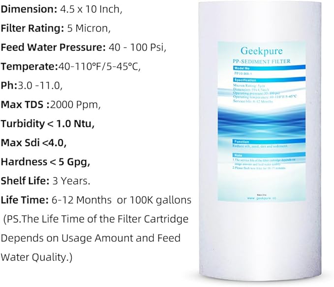 Geekpure 10 Inch PP Sediment Replacement Filter Cartridge for Whole House Water Filtration System-4.5" x 10"-5 Micron-Pack of 4