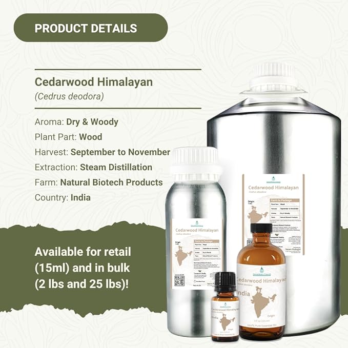Cedarwood Himalayan Essential Oil - 100% Pure Steam Distilled Natural Cedarwood Himalayan Oil (Aceite de Cedro) from Natural Biotech NBT India for Aromatherapy & DIY Projects - 8oz