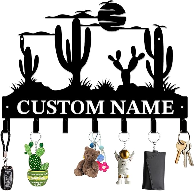 Personalized Custom Name Cactus Wall Keys Hooks,Metal Cactus Art Clothes Hooks,Metal Cactus Lover Wall Home Storage Decorative,For Front Door, Hallway, Kitchen, Bedroom,Keys,Hats (Style C)