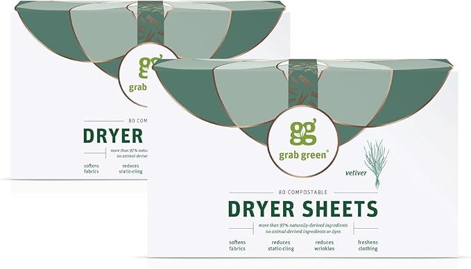 Grab Green Dryer Sheets, 160 Sheets, Vetiver Scent, Plant Based, Softens Fabrics, Reduces Static Cling and Wrinkles