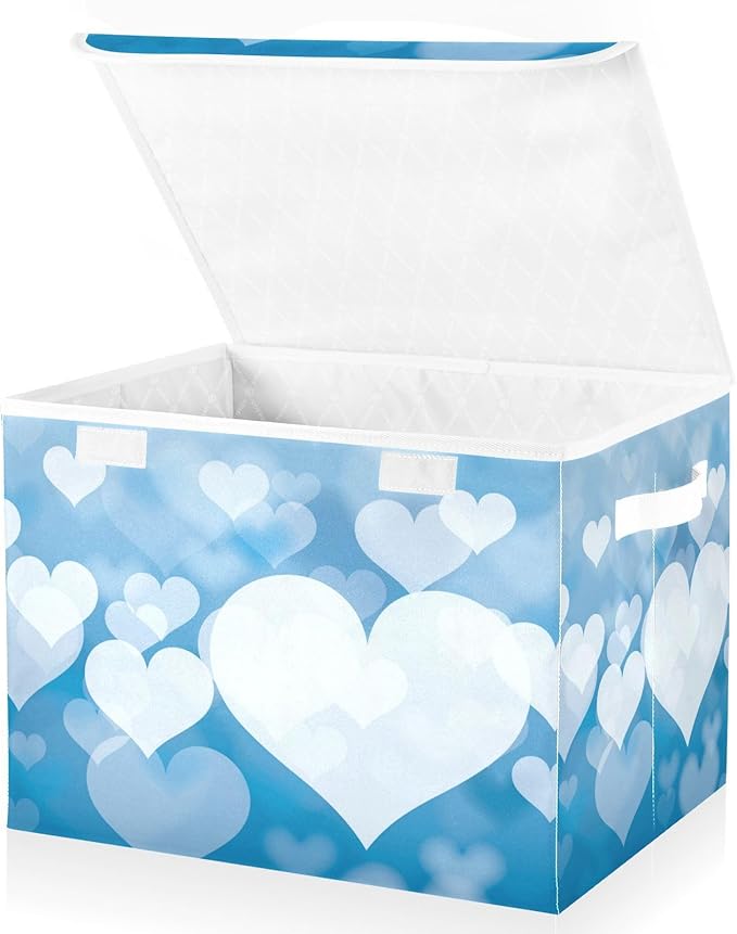 senya Valentines Baskets Collapsible Storage Bins with Lids, Blue Abstract Heart Storage Boxes Clothes Baskets for Organizing