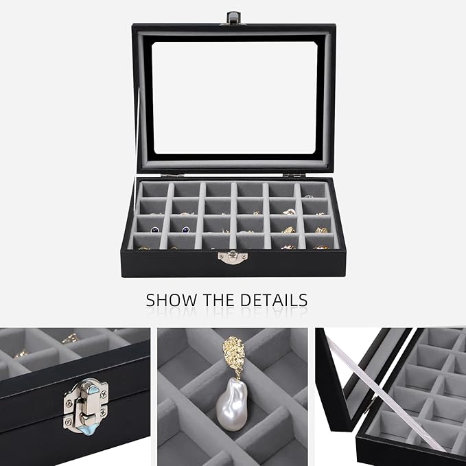 Wudygirl Small Jewelry Organizer Ring Box Velvet Jewelry Box Earring Organizer with Clear Lid Jewelry Tray for Women Girls Jewelry Display Case Drawer Inserts 24 Grid (Gray)