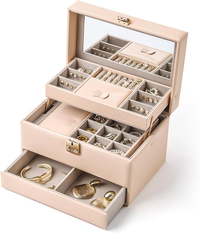 CASEGRACE Jewelry Organizer Box,3 Layers Leather Jewelry Storage Case with Portable Jewelry Case, Removable Jewelry Tray, Home and Travels Storage,Gift for Women (pink)