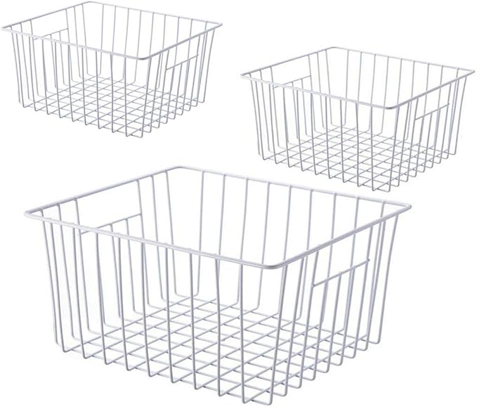 Nprohuge Upright Freezer Organizer Bins， Freezer Baskets for 14, 15 cu.ft Standup Freezer, Wire Storage Bins with Built-in Handles for Frozen Foods, Snacks, Vegetables, Fruits and More, 3Pcs , White