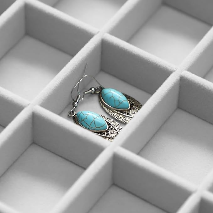 Wudygirl Jewelry Organizer Velvet Jewelry Tray with Lid Earring Holder Organizer Drawer Insert 30 Gird Earring Tray Ring Storage for Women Adjustable (Gray)