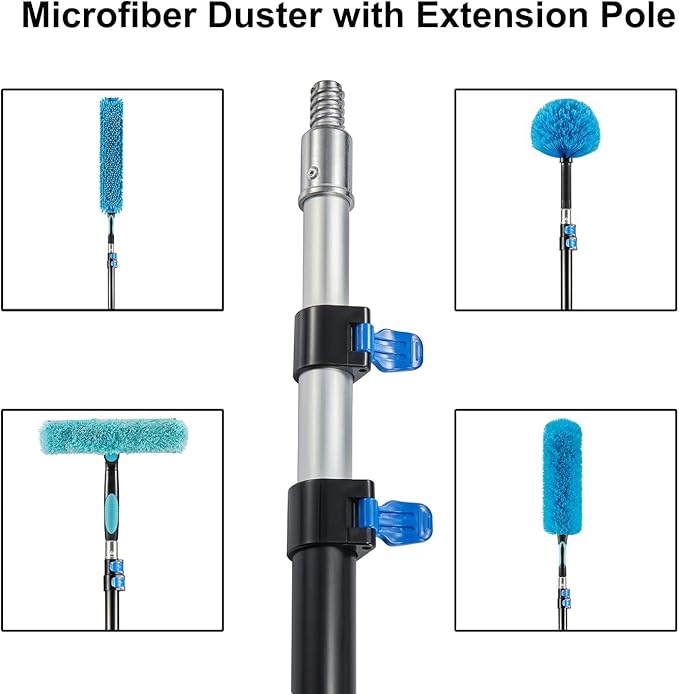 Hicavar 30 Foot High Ceiling Fan Duster with 6-24 Foot Extension Pole, Extendable Reusable Cobweb, Feather, Window Cleaning Squeegee Kit