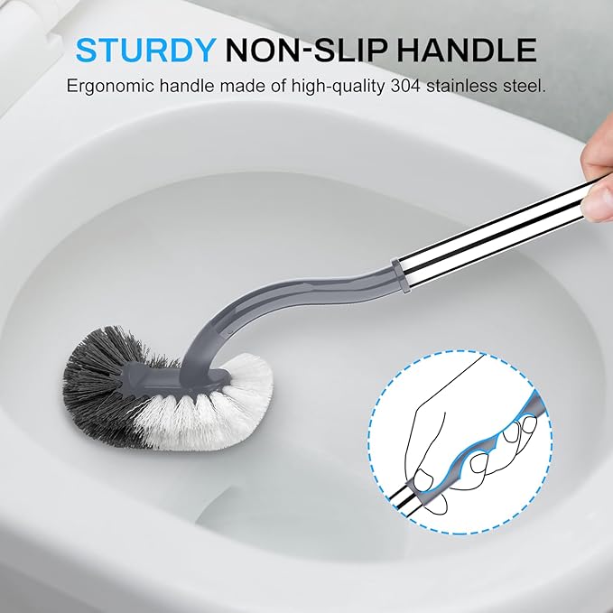 SetSail Toilet Brush and Holder Set, Compact Size Curved Toilet Bowl Brush for Bathroom Deep Cleaning with Stainless Steel Handle Toilet Cleaner Brush, Grey-2p