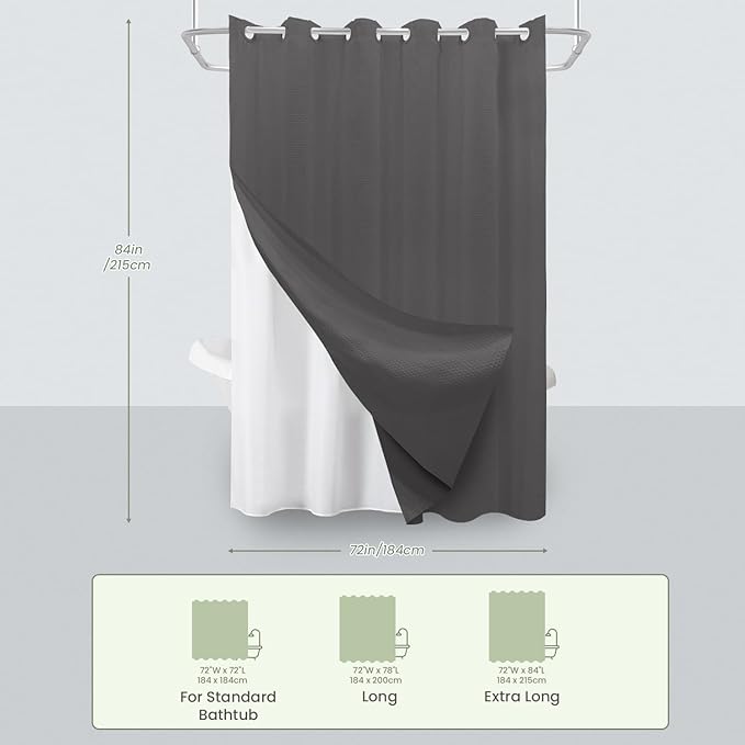 Inhousolu No Hook Waffle Weave Shower Curtain with Removable Snap in Fabric Liner Set for Bathroom, 230 GSM Heavy Duty Weighted Hem, Water Repellent Washable Bath Curtains, 72 x 84 Inch, Graphite Grey