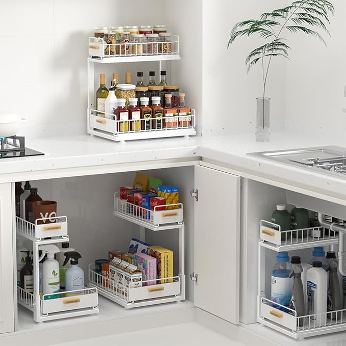 HOMEBOSILY Under Sink Organizer Kitchen, Pull Out Cabinet Organizer 2 Tier Slide Out Sink Shelf Cabinet Storage Shelves, Under Sink Storage for Kitchen Bathroom Cabinet, White, 1 Pack