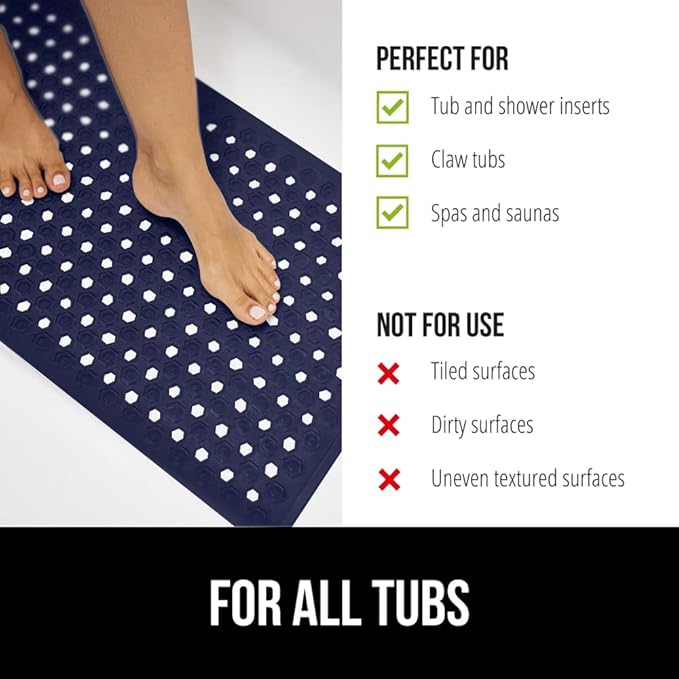 GORILLA GRIP Patented Bath Tub Shower Mat, Machine Washable Bathtub Floor Liner Mats, Suction Cups and Drain Holes to Keep Tubs Clean, Soft on Feet, Bathroom Essentials, 35x16 Inch, Navy Opaque