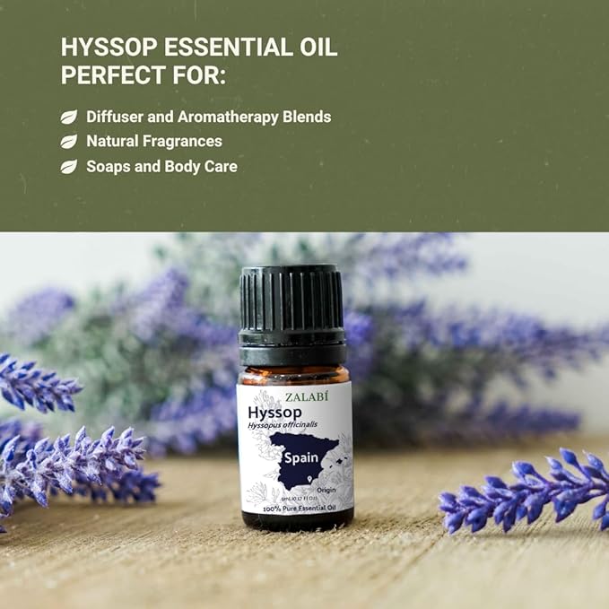 Hyssop Essential Oil - Direct from Aromáticas Zalabí Spain - Steam Distilled - Aceite de Hisopo for Aromatherapy, Massage, Diffuser, DIY Candle and Soap Making - 5ml