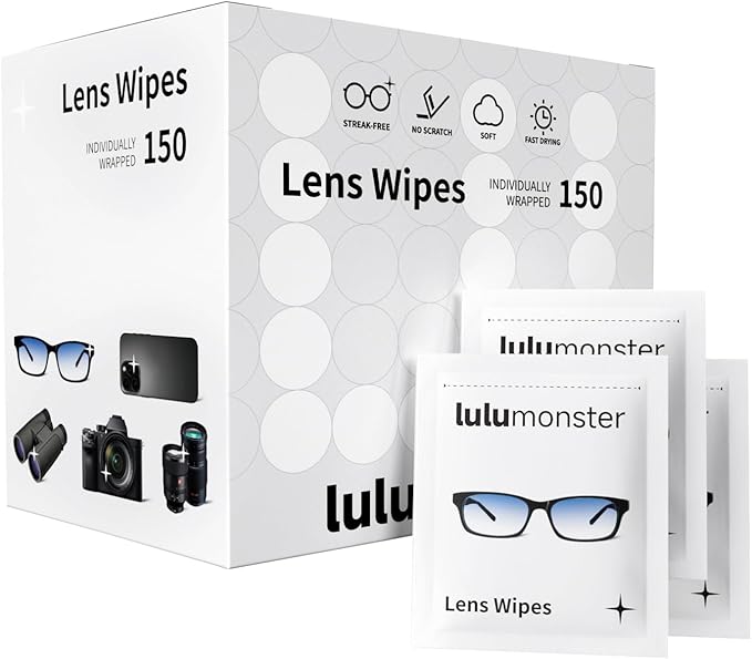 Lulumonster Lens Cleaning Wipes - Pre-Moistened Eyeglass Cleaner for Glasses, Sunglasses & Camera Lenses - Streak-Free, Scratch-Free & Ammonia-Free Formula - Individually Wrapped (150 Count)
