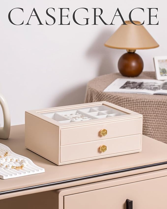 CASEGRACE Jewelry Box for Women with Glass Lid - Leather Jewelry Storage Organizer 2 Drawers for Necklaces, Rings, Earrings & Bracelets, Ideal Gift (Pink, 2 Layer)