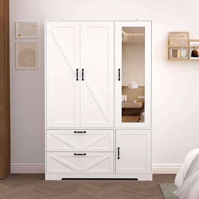 Armoire Wardrobe Closet with Mirror and 2 Drawers, 72''H Bedroom Armoire Wardrobe Cabinet with Hanging Rod and Light,Wooden Bedroom Closet with 3 Door