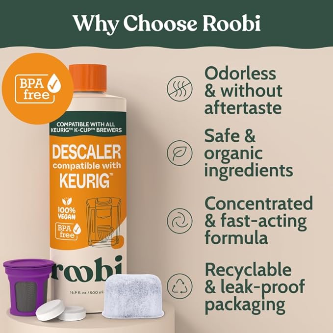 Roobi Keurig Compatible Descaling Solution & Cleaning Kit. Includes 1 Bottle of Keurig Descaler, 12 Cleaning Tablets, 1 Reusable Pod and 6 Water Filters. Carbon Neutral. 1 Year Supply.