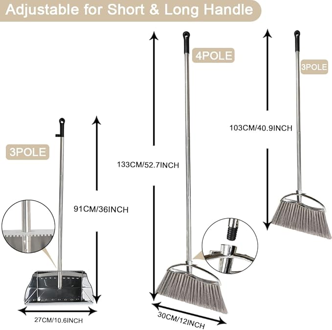 Outdoor Broom and Dustpan Comb Set,Heavy Duty Stainless Steel Metal Dust Pan with Long Handle Commercial Stiff Bristles Broom for Home Garage Garden Patio