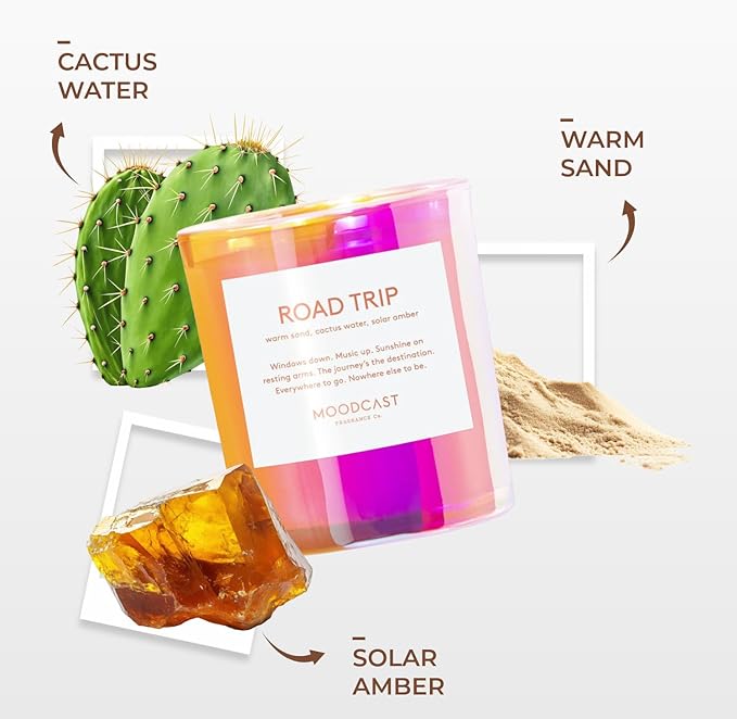 Moodcast Road Trip Scented Candle - Aesthetic Candle for Home, Cactus Water, Amber & Warm Sand, Clean Coco Wax Blend, Vegan, Paraben Free, 45-Hour Long Lasting Burn - 8oz