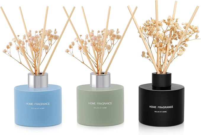 L'odeur Vill 3 Pcsk Reed Diffuser, 4.06 oz(120ml) Lavender/Vanilla/Moroccan Amber Scented Aromatherapy Diffuser with 12 Black Diffuser Sticks, Air Freshener for Home Bedroom Bathroom