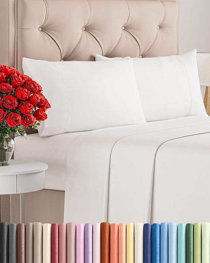 Twin XL 4 Piece Sheet Set - Comfy Breathable & Cooling - Soft Hotel Luxury Bedding Set with 8-16 Inch Deep Pockets - 1 Flat & 1 Fitted Sheet & 2 Pillowcases - Wrinkle Free & Easy Care - Antique White