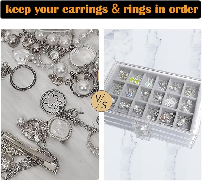 Acrylic Earring Organizer Box with 3 Drawers Clear Stud Earrings Holder Organizer with Velvet Trays Stackable Jewelry Organizer Box 54 Grids Earring Display Case for Women Girls (Grey)