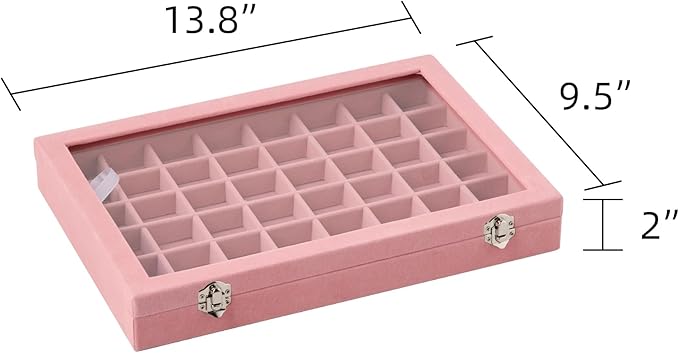 Frebeauty 48 Grid Jewelry Tray,Adjustable Earring Holder Organizer with Glass Lid,Velvet Drawer Jewelry Organizer for Rings,Studs,13.8 x 9.5 x 2 Inches Jewelry Display Box,Gift for Women(Pink)