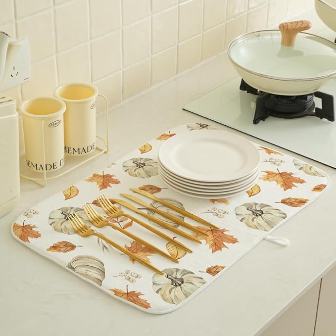 Fall Dish Drying Mat 18 x 24 Inch Thanksgiving Pumpkin Maple Leaf Drying Mat for Kitchen Counter Absorbent Farmhouse Harvest Autumn Pumpkin Dishes Dry Pad for Drainer Rack Kitchen Fast Dry