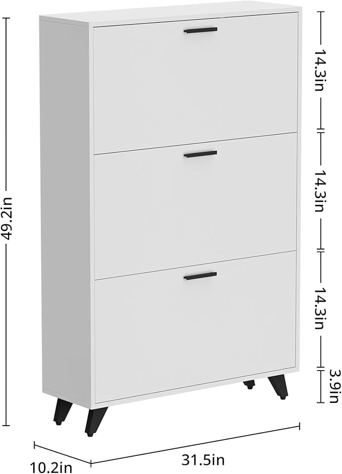 White Shoe Storage Cabinet - Fit up to Size 16, 3 Flip Drawers, Wooden Organizer for Entryway, Closet, Living Room