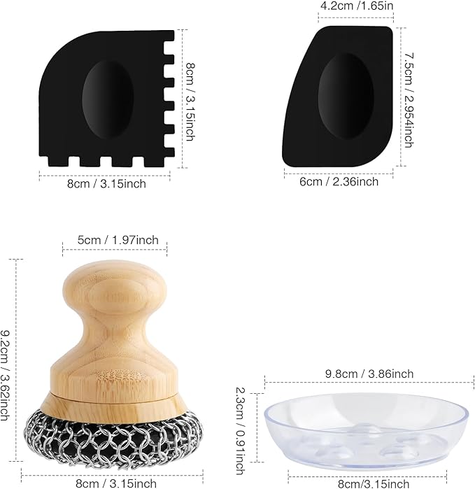 Cast Iron Scrubber and Scraper,Chain Mail Cleaner with Bamboo Handle & Draining Tray,316 Stainless Steel Brush for Cleaning Pots,Pans,Wok,Bakeware,Griddles, Grills,Dishes (Large Chain Mail)