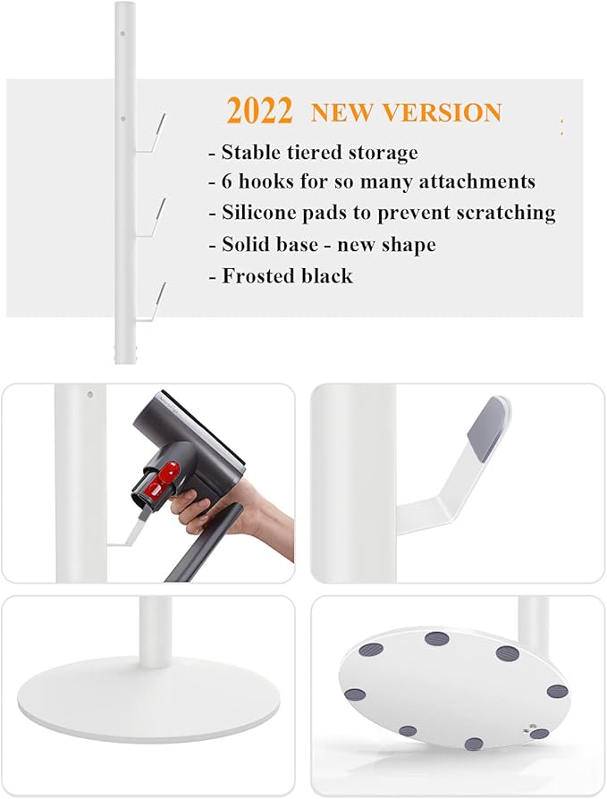 Freestanding Vacuum Stand Holder Compatible with V15 Detect, V11 V10 V8 V7 V6 Cordless Vacuum Cleaners, Floor Docking Station Metal Organizer Bracket with 6 Hooks, White