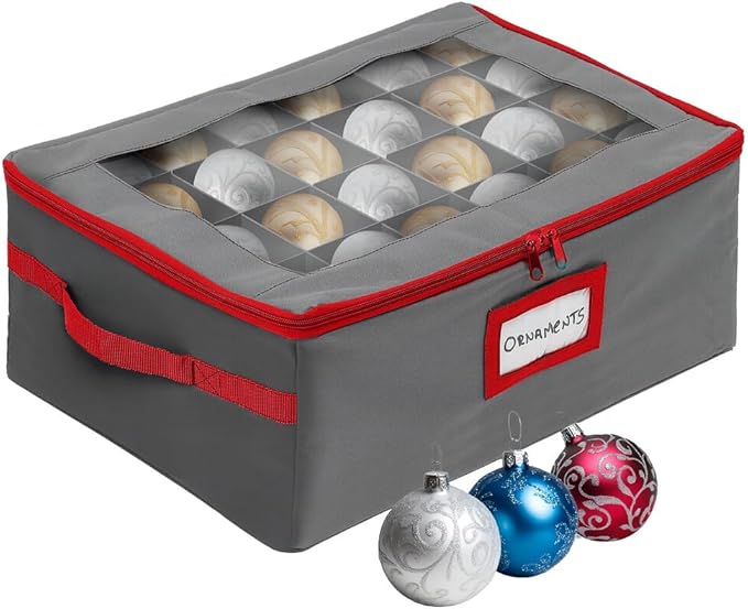 HOLDN’ STORAGE Christmas Ornament Storage Box with Dividers - Fits 48-3” Ornaments, 2 Removable Trays, Durable & Space-Saving, Clear Top Lid, Fits Underbed, Grey