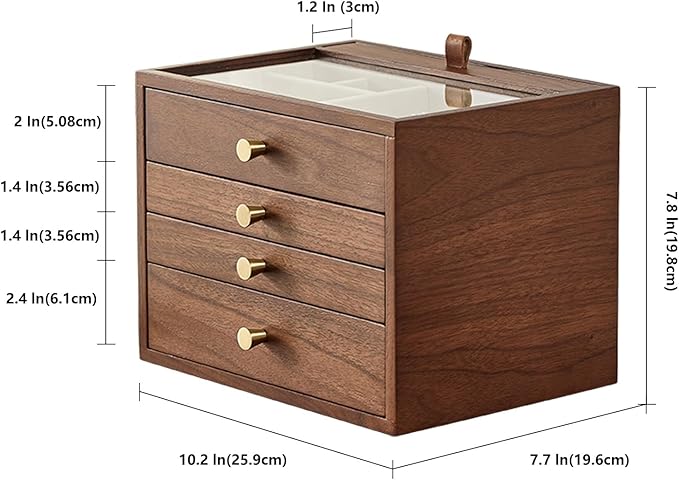 Homruilink Black Walnut Wooden Jewelry Box for Women 4 Layer with Glass Lid and Pull-out Necklace Storage Layer Watch Necklace Ring Earring Storage,Valentine's Day Gifts
