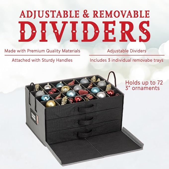 HOLDN’ STORAGE Christmas Ornament Storage Box with Dividers, Holds 72 Ornaments (3 Inch), Large Ball Storage Container with 3 Removable Trays, Durable and Portable - Gray