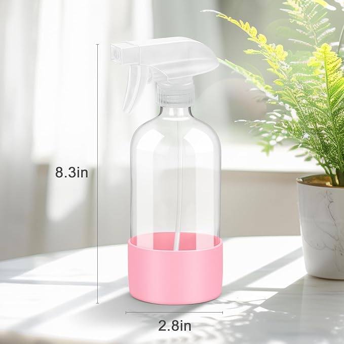 Worldgsb 2 Pack Glass Spray Bottles with Silicone Sleeve, 16 oz Empty Refillable Containers with Adjustable Spray Nozzles, Spray Bottles for Hair, Cleaning Solutions and Plants Pink