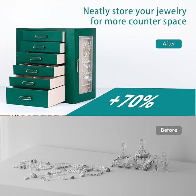 Jewelry Boxes for Women, 6 Layer Jewelry Organizer with Glass Lids, Jewelry Holder Organizer with 5 Drawers and 2 Glass Doors for Jewelry Storage, Big Jewelry Box for Womens Gift (Green)