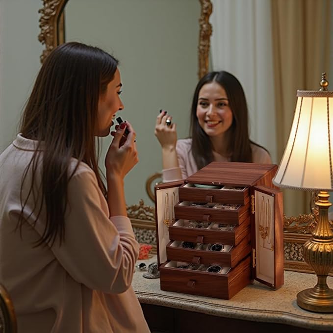 Jewelry Box for Women Girls, Wooden Jewelry Box Organizer Functional With Drawers, 5 Layers Jewelry Storage Organizer for Earring, Ring, Necklace, Bracelets