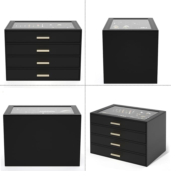 AKOZLIN Jewelry Box with Clear Lid Functional Leather Jewelry Storage Organizer Case 4 Drawers for Women Girls Necklace Ring Bracelet Earring